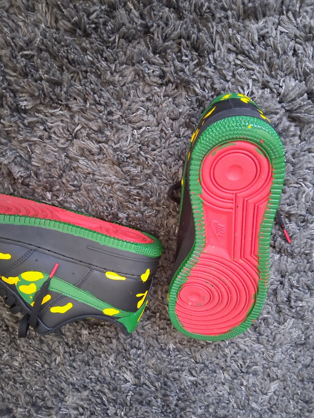 Nike Air Force 1 Black with Yellow Paint Splatter and Green Swoosh - Picture 6 of 6
